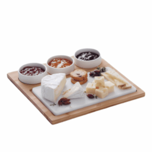 Bambusz-márvány kínáló tál 3 porcelán tálkával